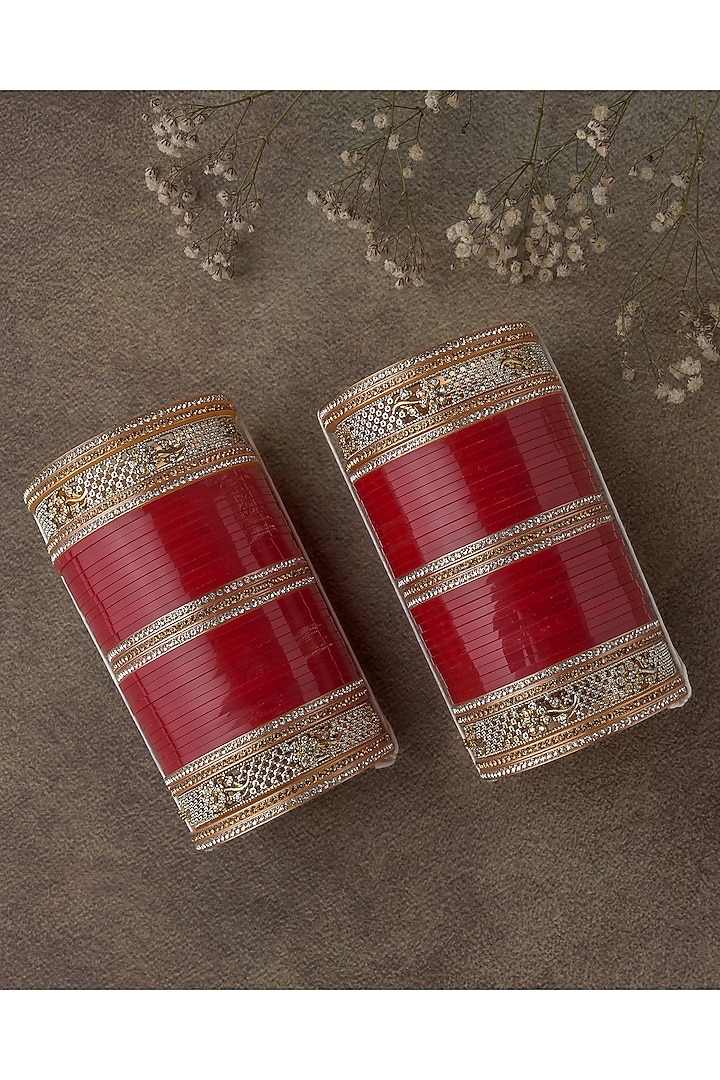 Gold Finish Red Chuda Bangles (Set Of 2) by Vivinia By Vidhi Mehra at Pernia's Pop Up Shop