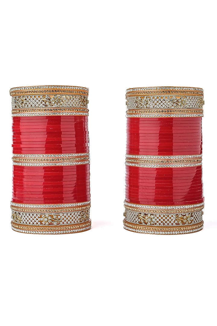 Gold Finish Red Chuda Bangles (Set Of 2) by Vivinia By Vidhi Mehra at Pernia's Pop Up Shop