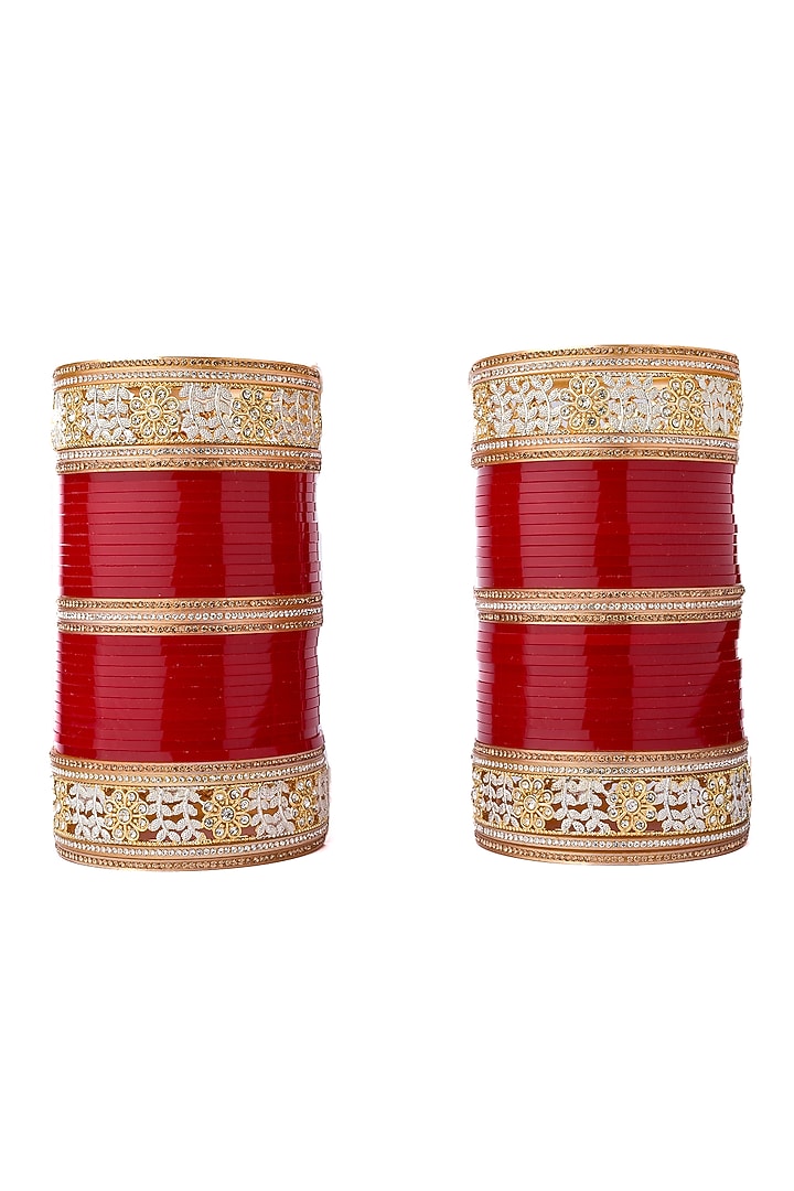 Gold Finish Red Chuda Bangles (Set Of 2) by Vivinia By Vidhi Mehra at Pernia's Pop Up Shop