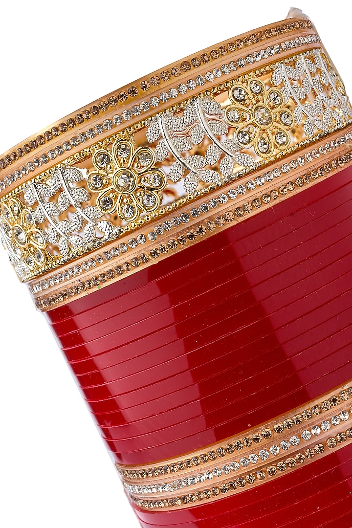 Gold Finish Red Chuda Bangles (Set Of 2) by Vivinia By Vidhi Mehra at Pernia's Pop Up Shop