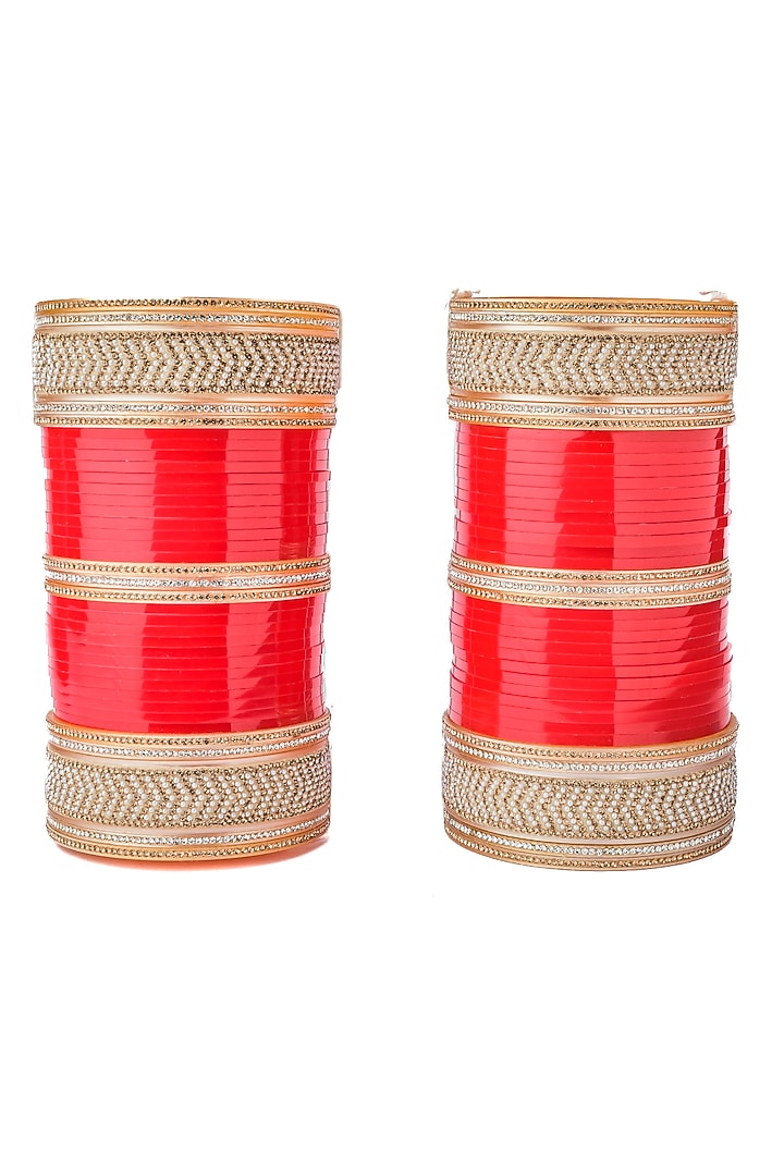 Gold Finish Red Chuda Bangles (Set Of 2) by Vivinia By Vidhi Mehra at Pernia's Pop Up Shop