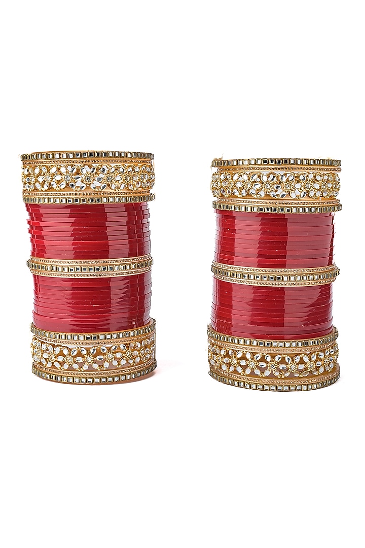 Gold Finish Red Chuda Bangles (Set Of 2) by Vivinia By Vidhi Mehra at Pernia's Pop Up Shop