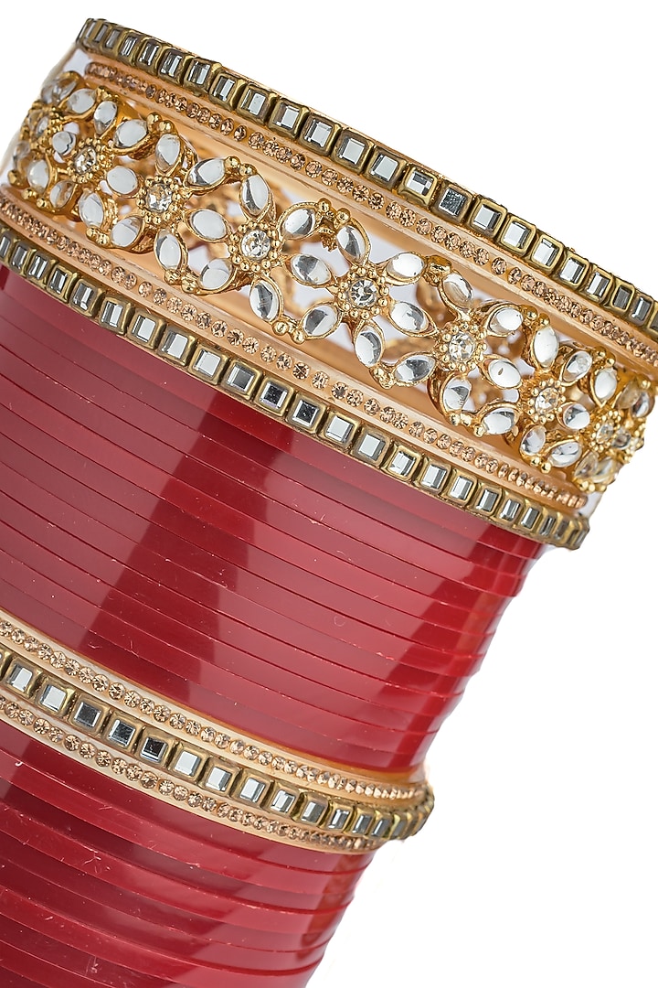 Gold Finish Red Chuda Bangles (Set Of 2) by Vivinia By Vidhi Mehra at Pernia's Pop Up Shop