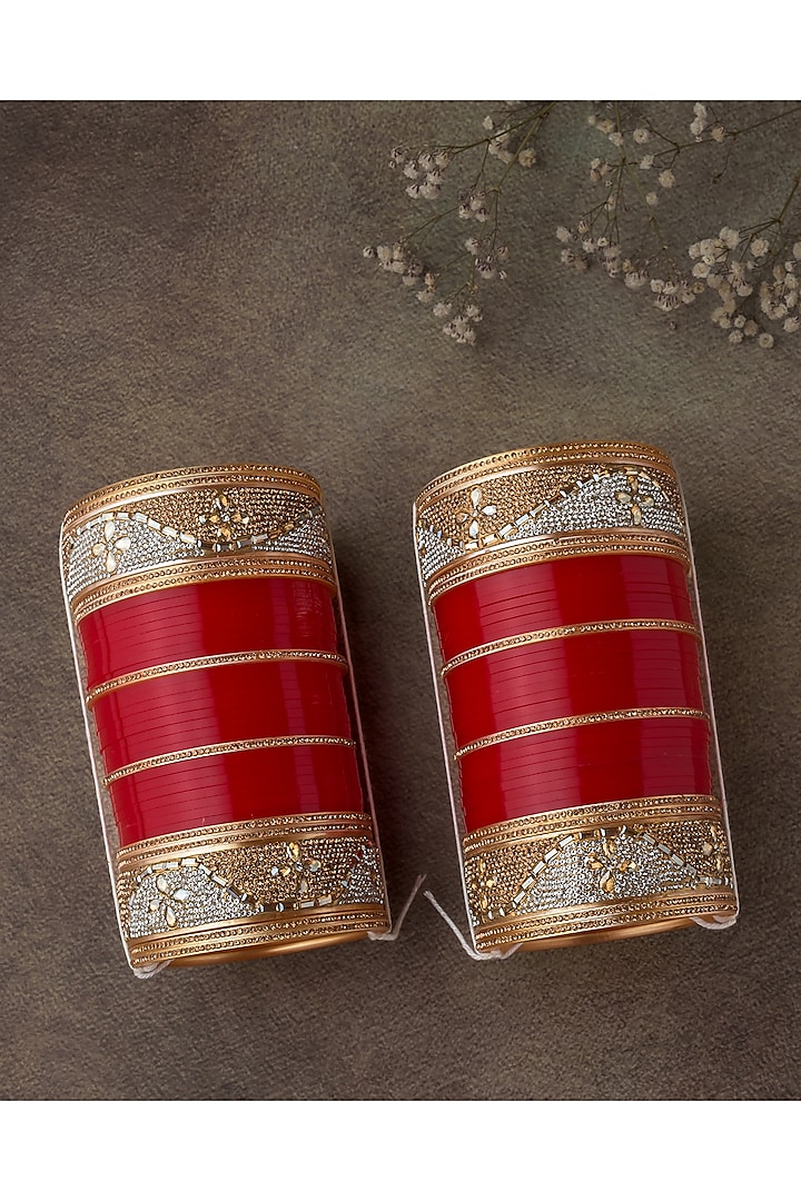 Gold Finish Red Chuda Bangles (Set Of 2) by Vivinia By Vidhi Mehra at Pernia's Pop Up Shop