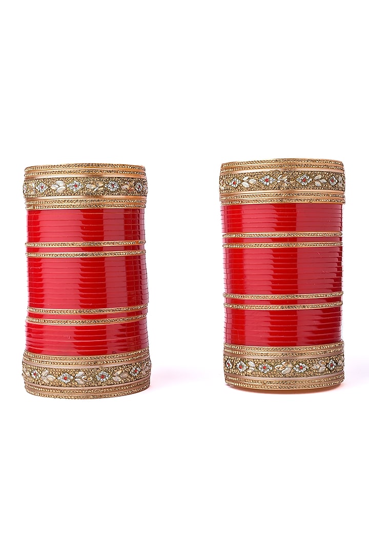 Gold Finish Red Chuda Bangles (Set Of 2) by Vivinia By Vidhi Mehra at Pernia's Pop Up Shop