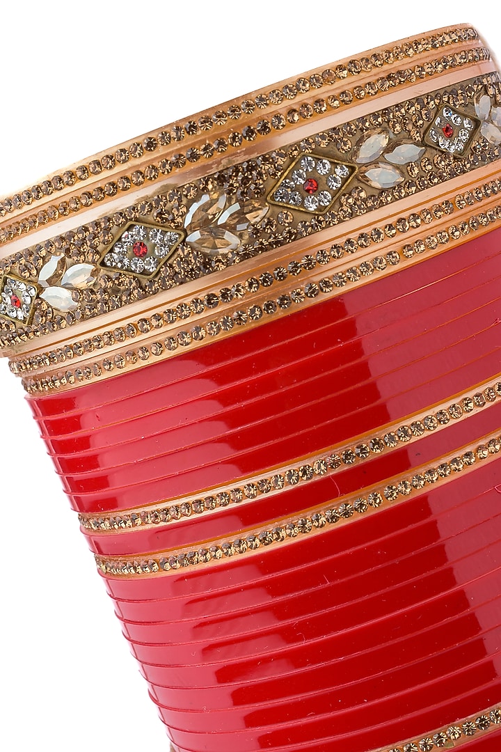 Gold Finish Red Chuda Bangles (Set Of 2) by Vivinia By Vidhi Mehra at Pernia's Pop Up Shop