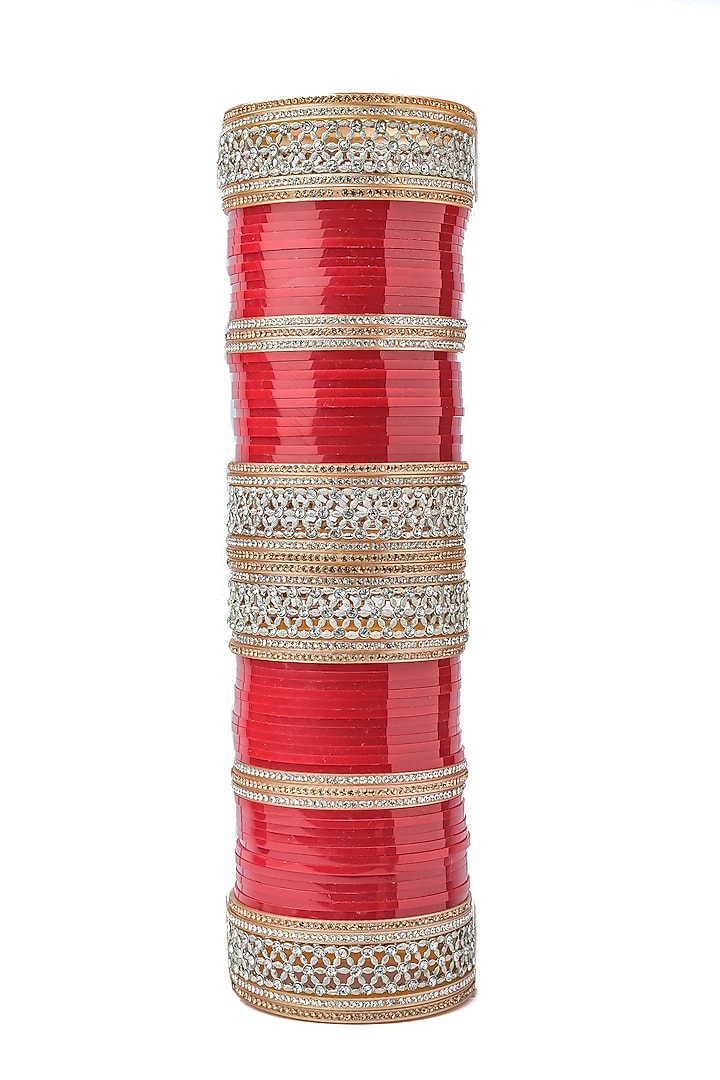 Gold Finish Red Chuda Bangles (Set Of 2) by Vivinia By Vidhi Mehra at Pernia's Pop Up Shop