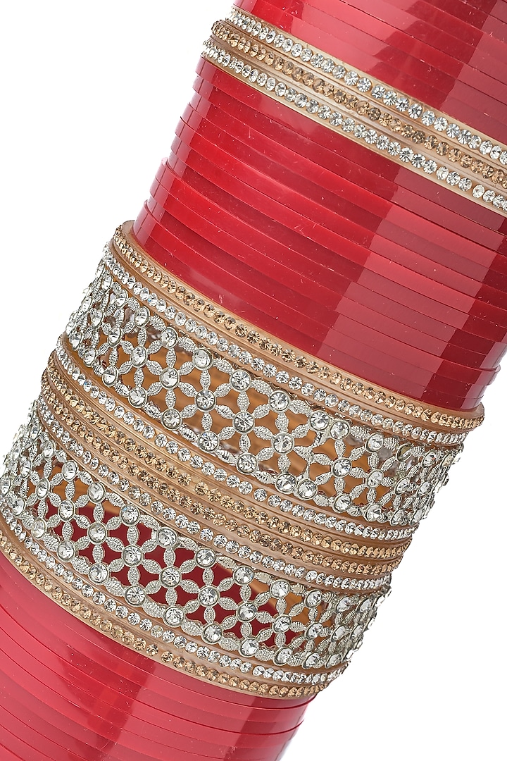 Gold Finish Red Chuda Bangles (Set Of 2) by Vivinia By Vidhi Mehra at Pernia's Pop Up Shop