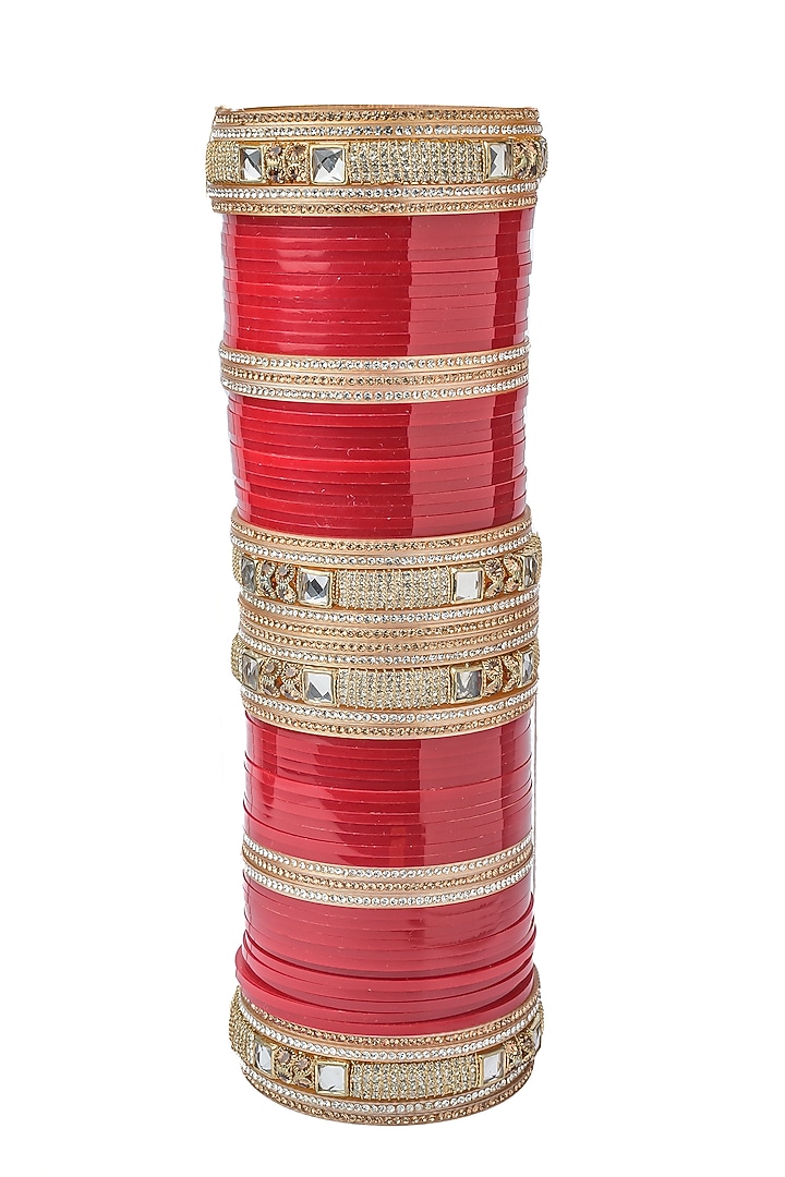 Gold Finish Red Chuda Bangles (Set Of 2) by Vivinia By Vidhi Mehra at Pernia's Pop Up Shop