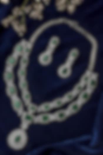 Silver Finish Emerald Green Gemstone Layered Necklace Set by Vivinia By Vidhi Mehra at Pernia's Pop Up Shop
