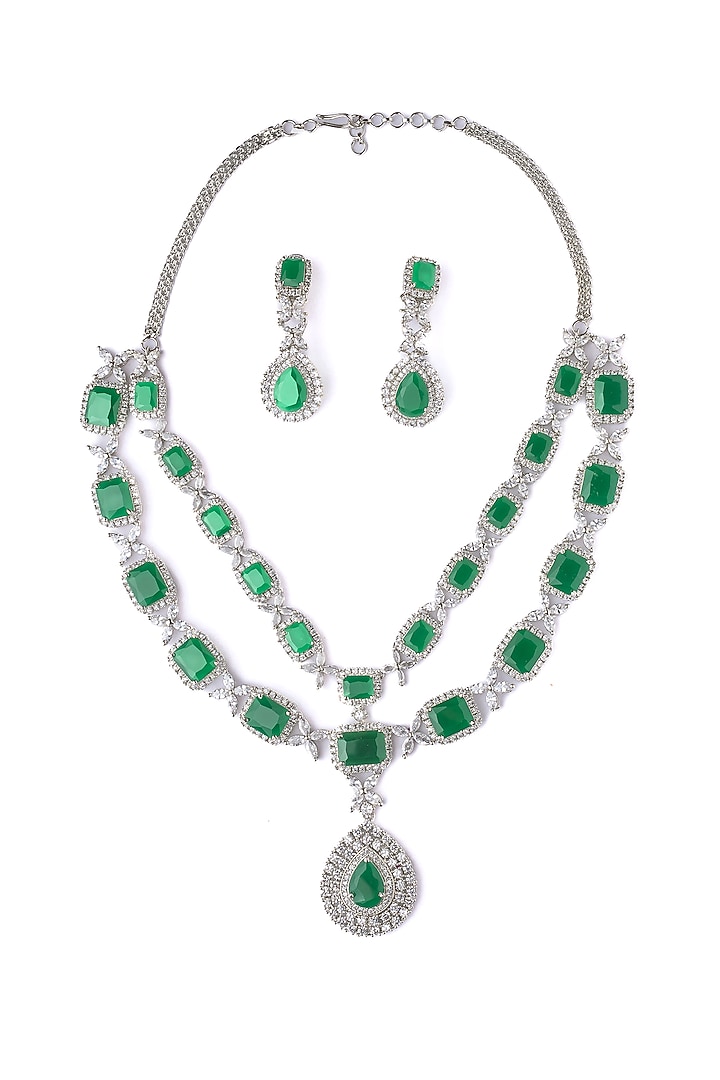 Silver Finish Emerald Green Gemstone Layered Necklace Set by Vivinia By Vidhi Mehra at Pernia's Pop Up Shop