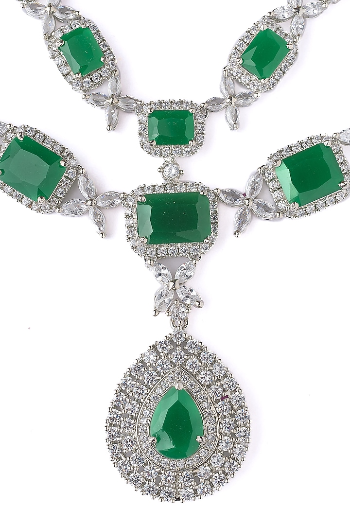 Silver Finish Emerald Green Gemstone Layered Necklace Set by Vivinia By Vidhi Mehra at Pernia's Pop Up Shop