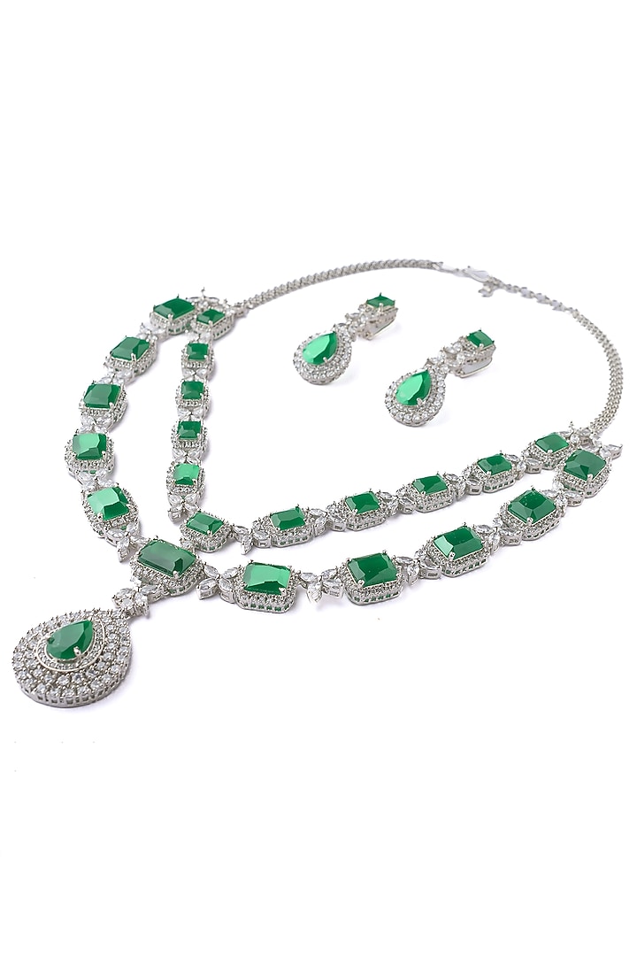 Silver Finish Emerald Green Gemstone Layered Necklace Set by Vivinia By Vidhi Mehra at Pernia's Pop Up Shop
