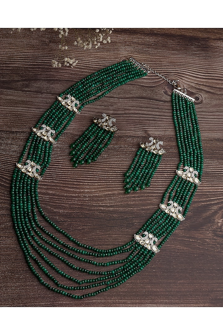 Gold Finish Green Beaded & Crystal Layered Necklace Set by Vivinia By Vidhi Mehra at Pernia's Pop Up Shop