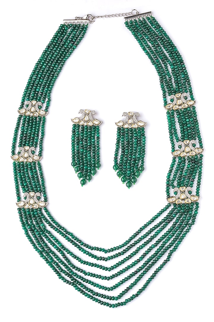 Gold Finish Green Beaded & Crystal Layered Necklace Set by Vivinia By Vidhi Mehra at Pernia's Pop Up Shop