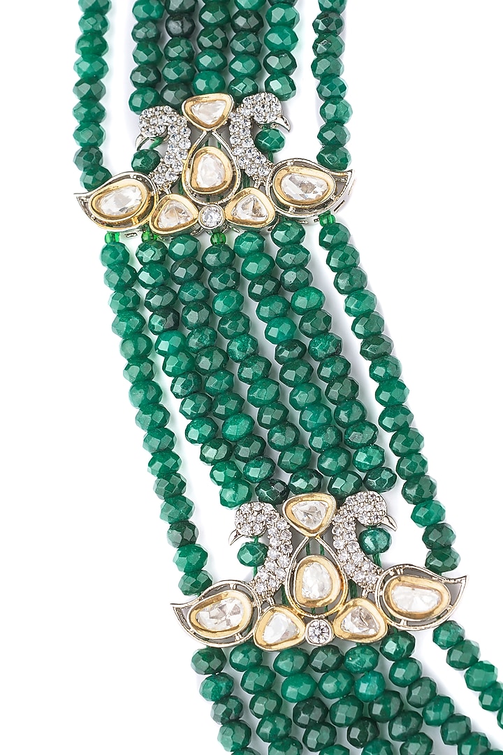 Gold Finish Green Beaded & Crystal Layered Necklace Set by Vivinia By Vidhi Mehra at Pernia's Pop Up Shop