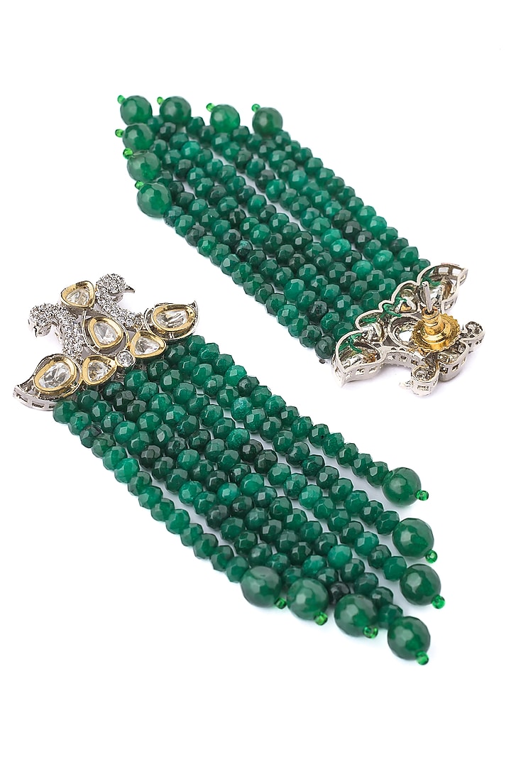 Gold Finish Green Beaded & Crystal Layered Necklace Set by Vivinia By Vidhi Mehra at Pernia's Pop Up Shop