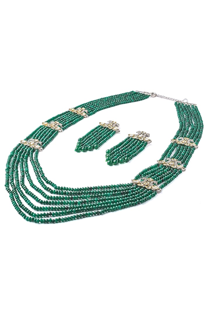 Gold Finish Green Beaded & Crystal Layered Necklace Set by Vivinia By Vidhi Mehra at Pernia's Pop Up Shop