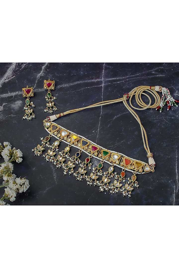 Gold Finish Kundan Polki Choker Necklace Set by Vivinia By Vidhi Mehra at Pernia's Pop Up Shop