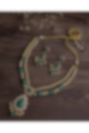 Gold Finish Green Stone & Pearl Necklace Set by Vivinia By Vidhi Mehra at Pernia's Pop Up Shop