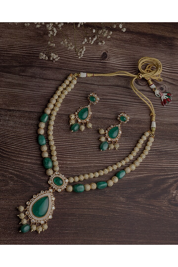 Gold Finish Green Stone & Pearl Necklace Set by Vivinia By Vidhi Mehra at Pernia's Pop Up Shop