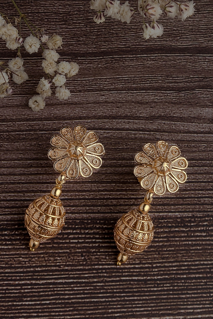 Gold Finish Floral Jhumka Earrings by Vivinia By Vidhi Mehra at Pernia's Pop Up Shop