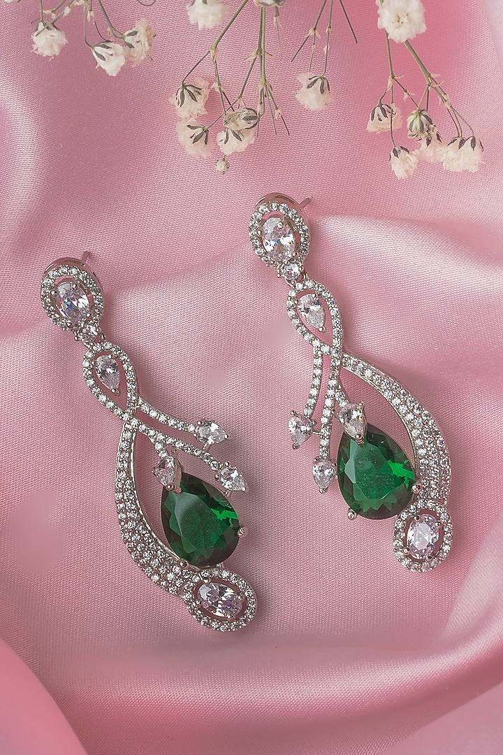 Silver Finish Green & White Gemstone Dangler Earrings by Vivinia By Vidhi Mehra at Pernia's Pop Up Shop