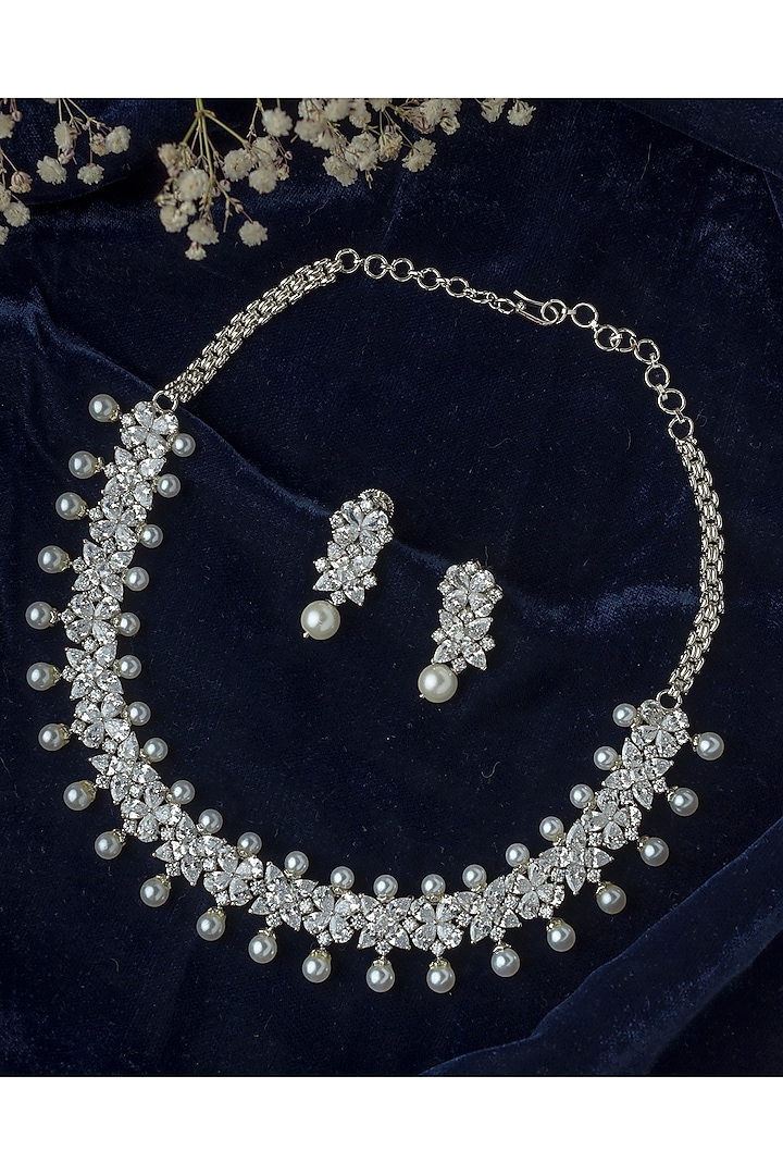 Silver Finish Pearl & Crystal Choker Necklace Set by Vivinia By Vidhi Mehra at Pernia's Pop Up Shop