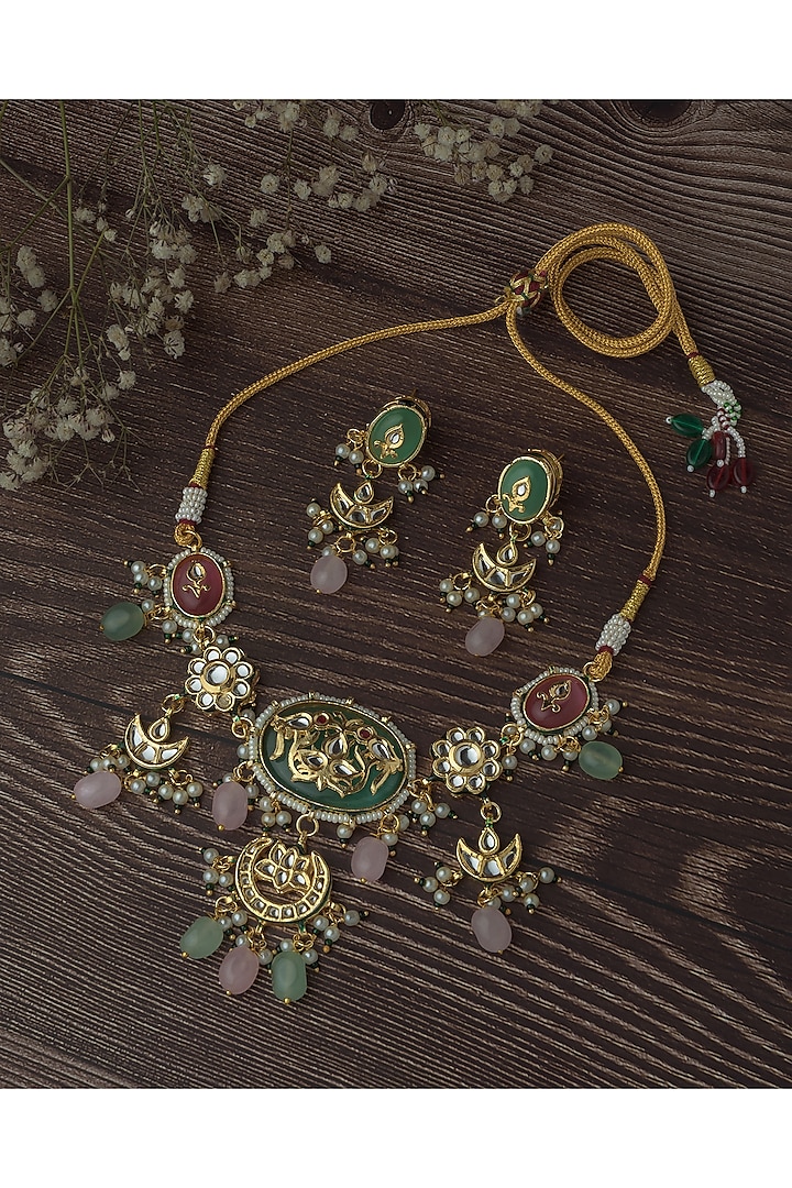 Gold Finish Multi-Colored Enameled Necklace Set by Vivinia By Vidhi Mehra at Pernia's Pop Up Shop