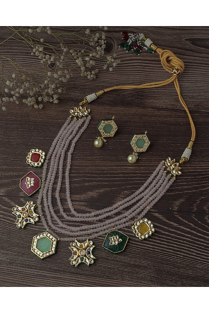 Gold Finish Purple Beaded Enameled Necklace Set by Vivinia By Vidhi Mehra at Pernia's Pop Up Shop