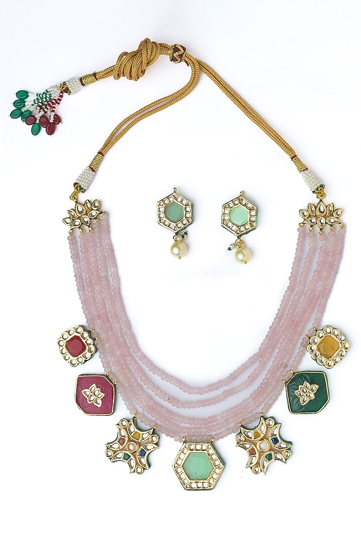 Gold Finish Purple Beaded Enameled Necklace Set by Vivinia By Vidhi Mehra at Pernia's Pop Up Shop
