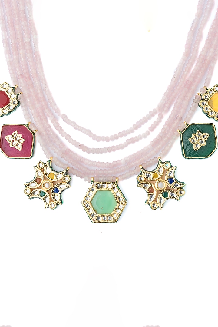 Gold Finish Purple Beaded Enameled Necklace Set by Vivinia By Vidhi Mehra at Pernia's Pop Up Shop