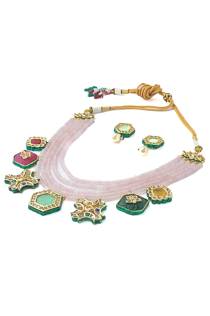 Gold Finish Purple Beaded Enameled Necklace Set by Vivinia By Vidhi Mehra at Pernia's Pop Up Shop