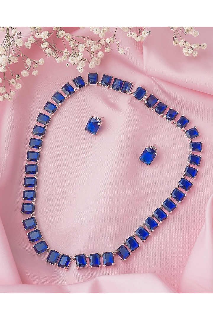 Silver Finish Blue Stone Necklace Set by Vivinia By Vidhi Mehra at Pernia's Pop Up Shop