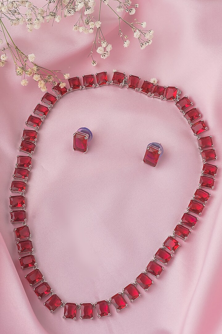 Silver Finish Red Stone Necklace Set by Vivinia By Vidhi Mehra at Pernia's Pop Up Shop