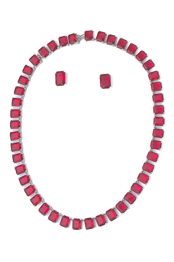 Silver Finish Red Stone Necklace Set by Vivinia By Vidhi Mehra at Pernia's Pop Up Shop