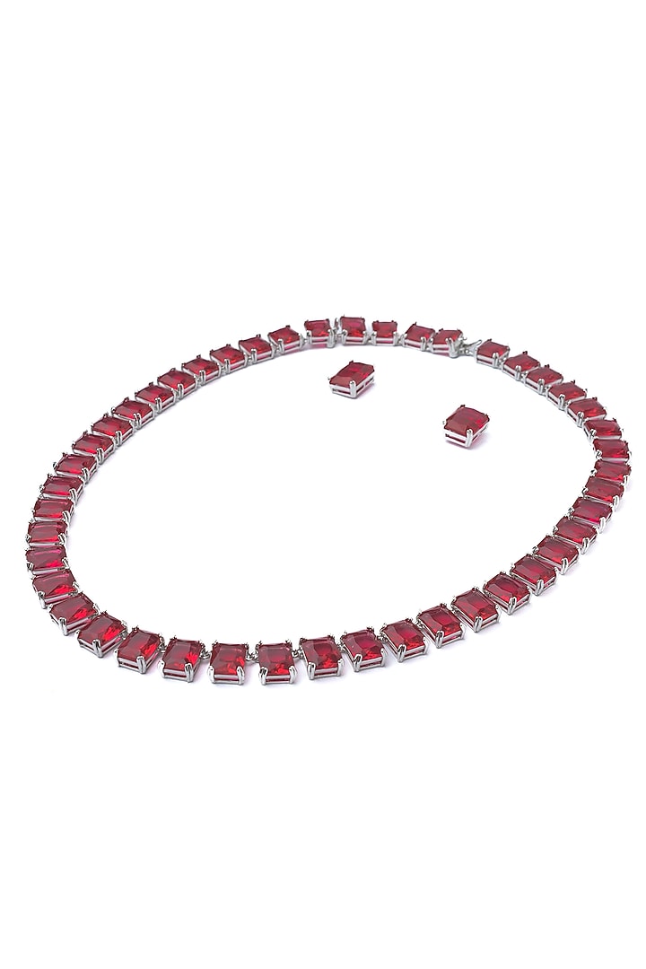 Silver Finish Red Stone Necklace Set by Vivinia By Vidhi Mehra at Pernia's Pop Up Shop