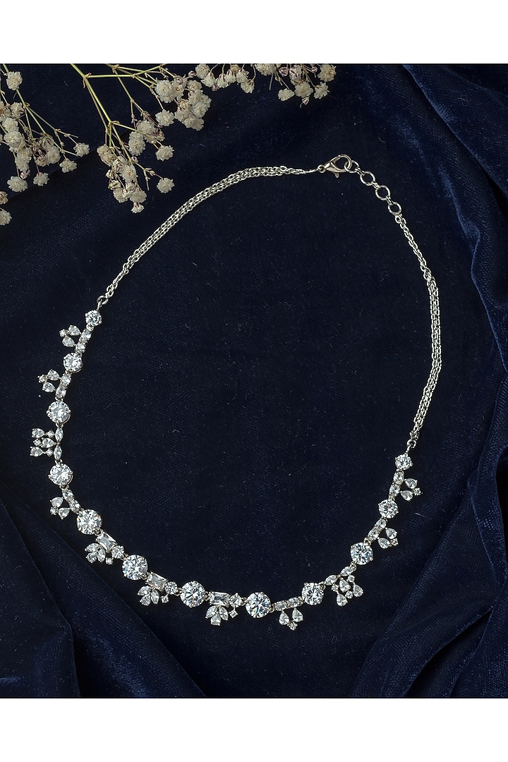 Silver Finish White Stone Floral Necklace by Vivinia By Vidhi Mehra at Pernia's Pop Up Shop