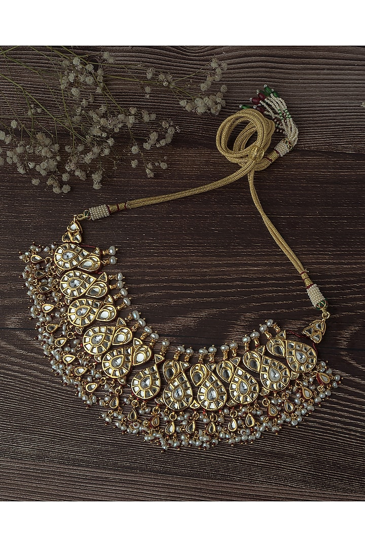Gold Finish Kundan & Pearl Choker Necklace by Vivinia By Vidhi Mehra at Pernia's Pop Up Shop