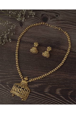 Gold Finish Long Temple Necklace Set by Vivinia By Vidhi Mehra