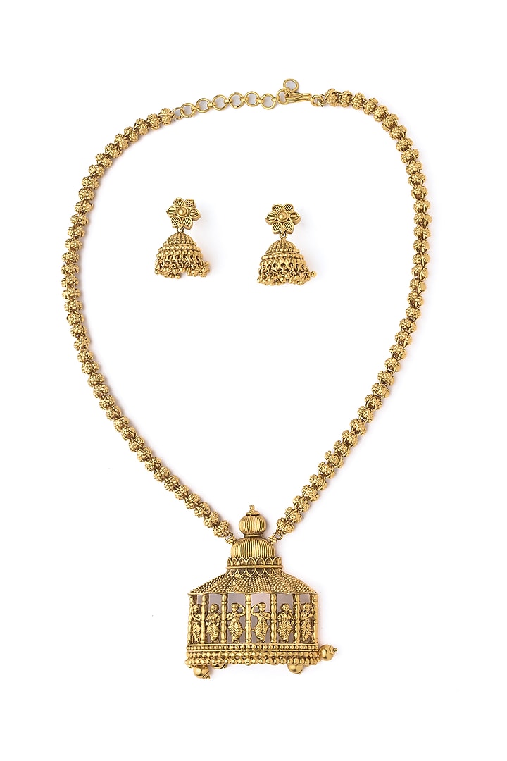 Gold Finish Long Temple Necklace Set by Vivinia By Vidhi Mehra at Pernia's Pop Up Shop