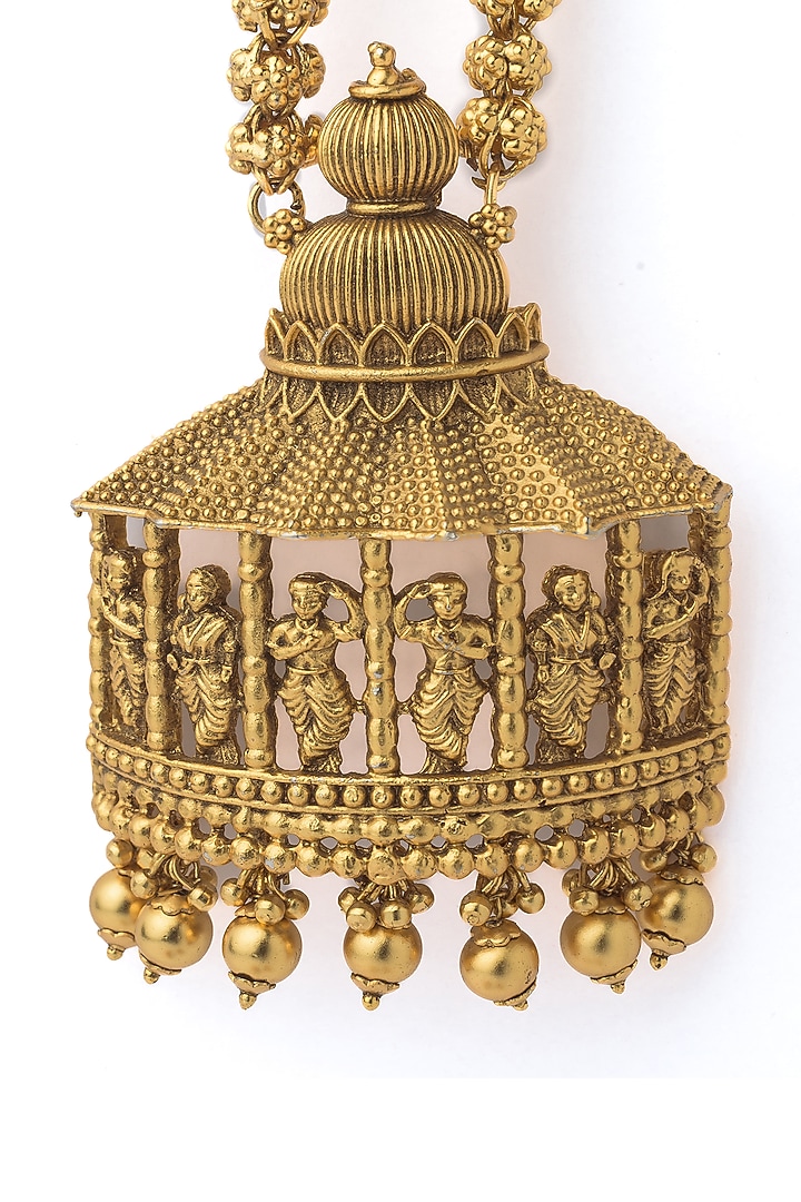 Gold Finish Long Temple Necklace Set by Vivinia By Vidhi Mehra at Pernia's Pop Up Shop