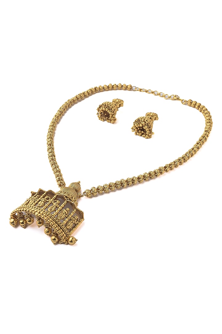 Gold Finish Long Temple Necklace Set by Vivinia By Vidhi Mehra at Pernia's Pop Up Shop