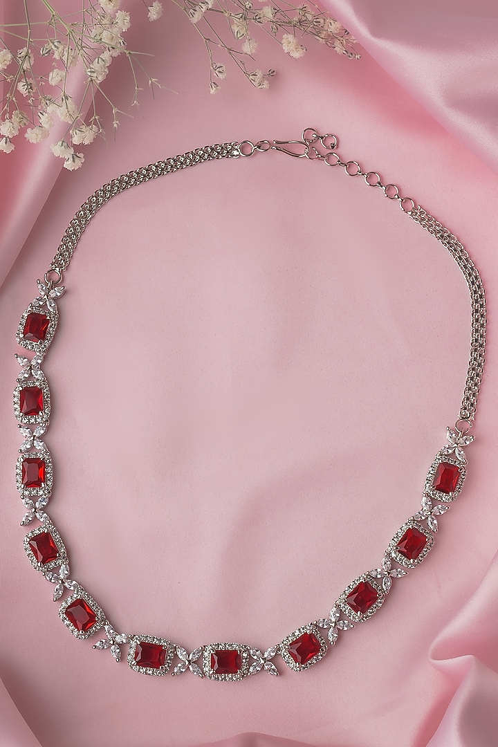 Silver Finish Red Gemstone Necklace by Vivinia By Vidhi Mehra at Pernia's Pop Up Shop