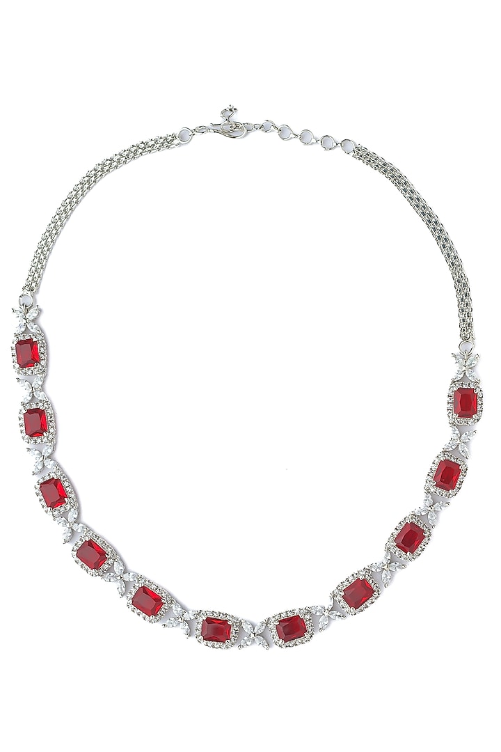 Silver Finish Red Gemstone Necklace by Vivinia By Vidhi Mehra at Pernia's Pop Up Shop