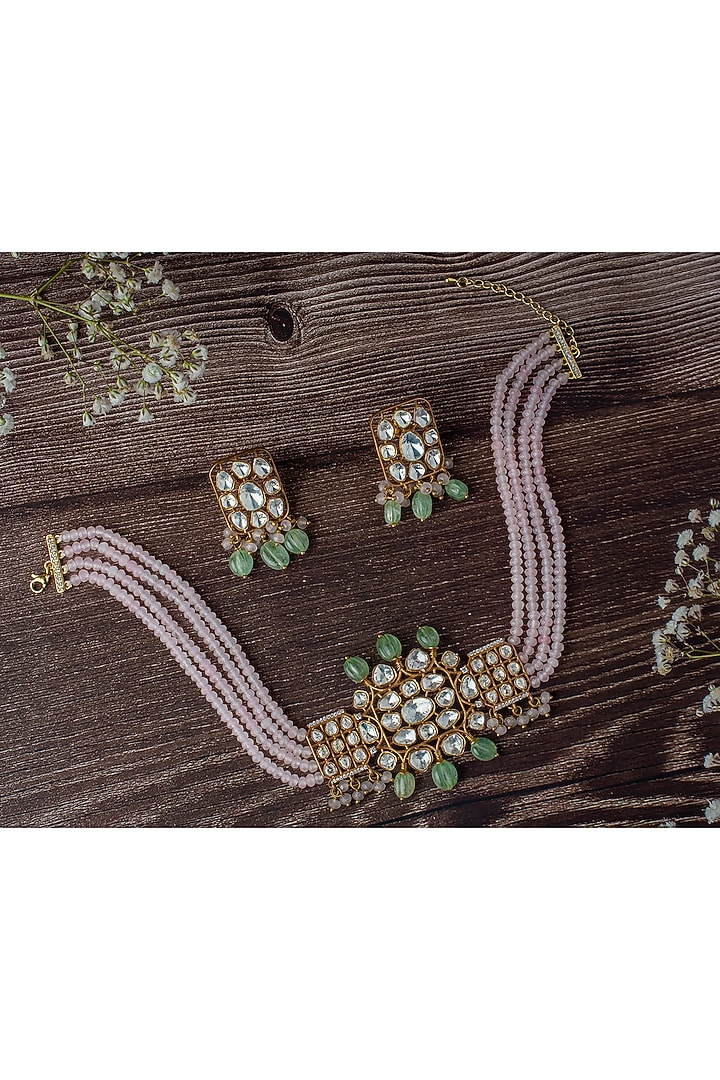 Gold Finish Kundan Polki & Green Beaded Choker Necklace Set by Vivinia By Vidhi Mehra at Pernia's Pop Up Shop