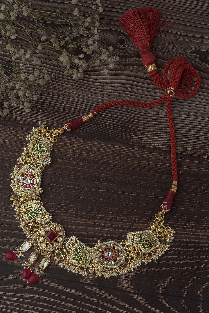 Gold Finish Red & Green Enameled Choker Necklace by Vivinia By Vidhi Mehra at Pernia's Pop Up Shop