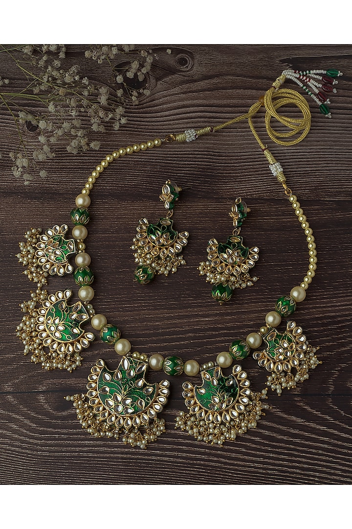 Gold Finish Green Kundan Necklace Set by Vivinia By Vidhi Mehra at Pernia's Pop Up Shop