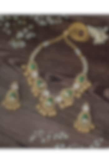 Gold Finish Kundan Polki & Green Stone Choker Necklace by Vivinia By Vidhi Mehra at Pernia's Pop Up Shop