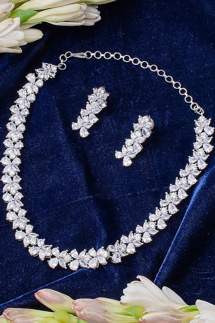 Silver Finish Zircon Floral Necklace Set by Vivinia By Vidhi Mehra at Pernia's Pop Up Shop